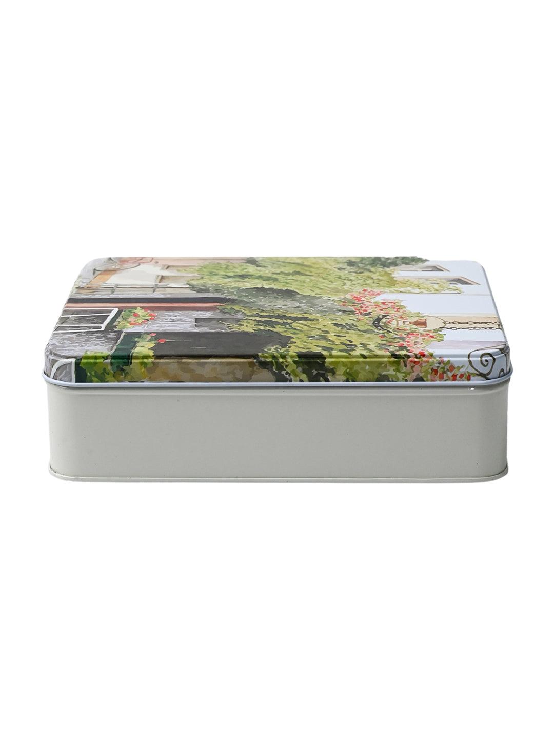 House Print Tin Storage Box Container - Set Of 3, Green & White - MARKET99