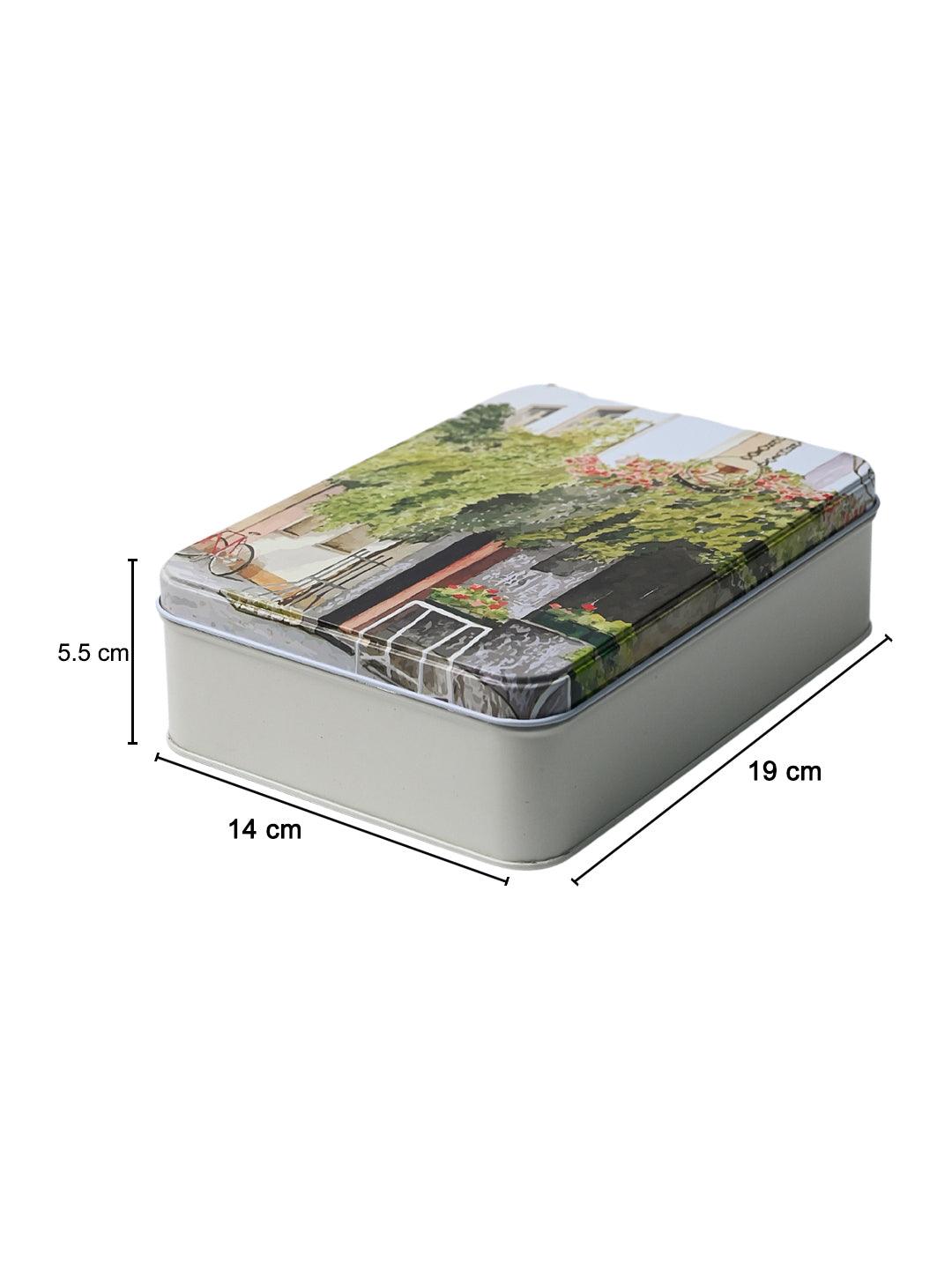 House Print Tin Storage Box Container - Set Of 3, Green & White - MARKET99