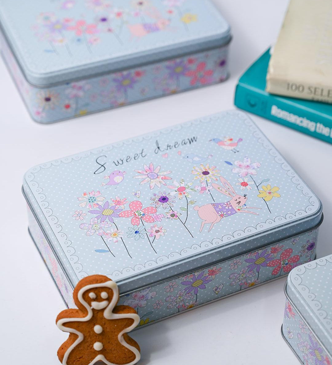 Floral Tin Storage Box Container - Set Of 6, Sky Blue - MARKET99
