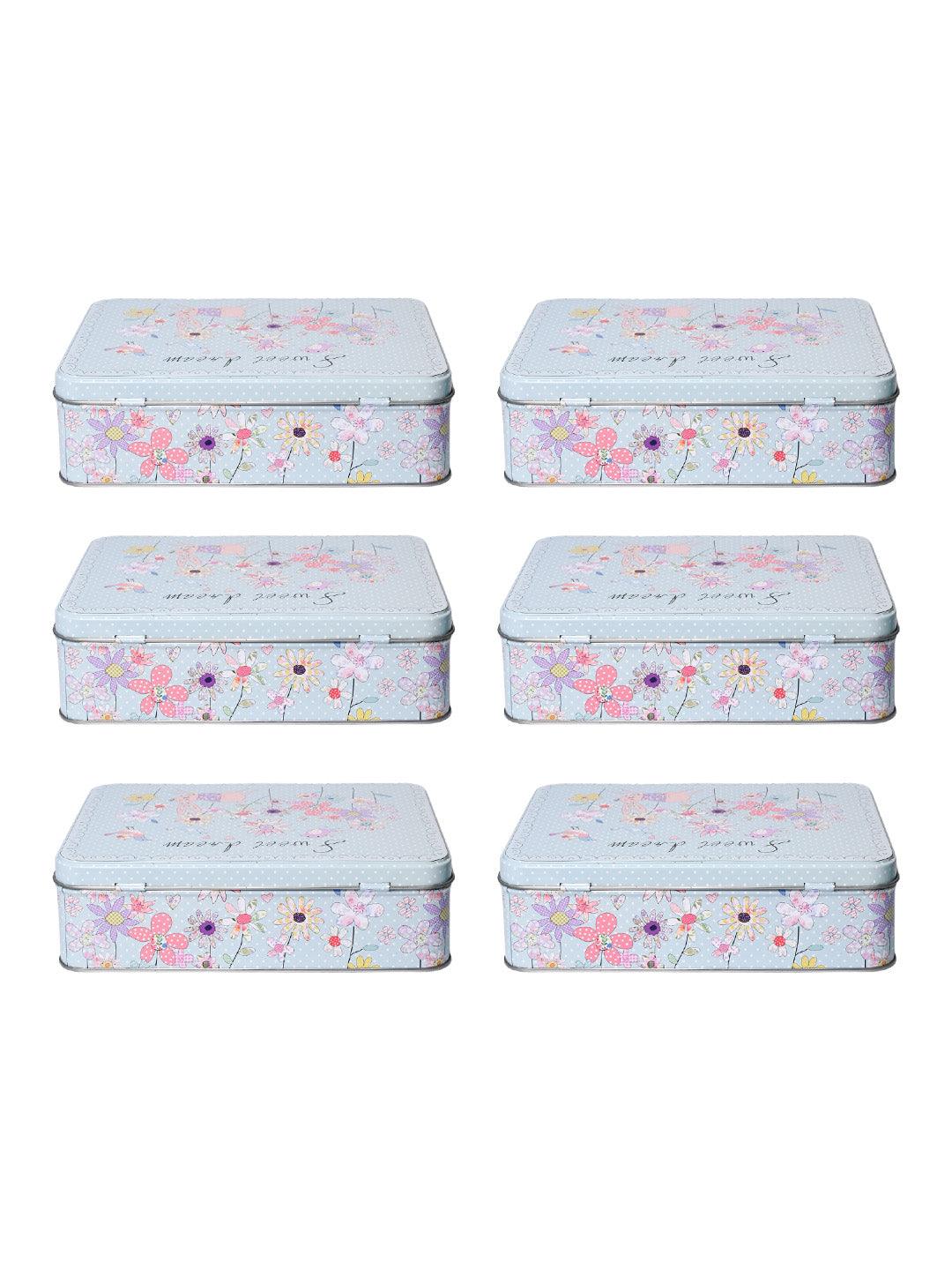 Floral Tin Storage Box Container - Set Of 6, Sky Blue - MARKET99