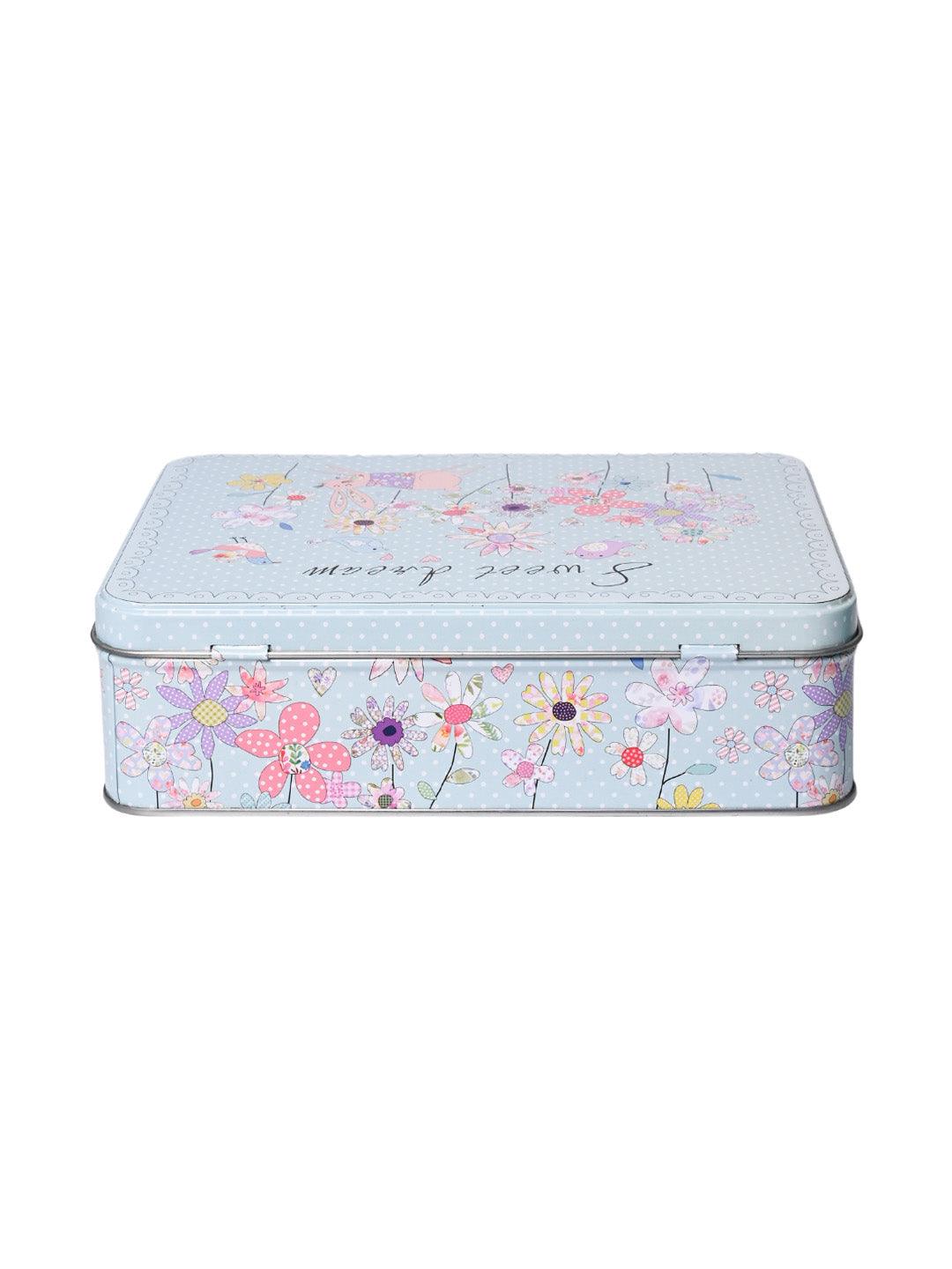 Floral Tin Storage Box Container - Set Of 6, Sky Blue - MARKET99