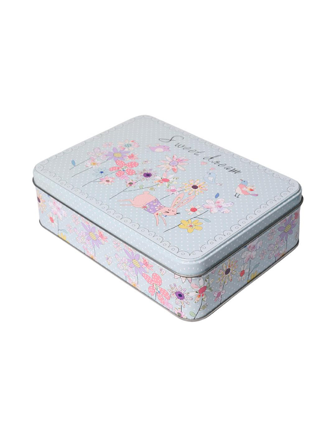 Floral Tin Storage Box Container - Set Of 6, Sky Blue - MARKET99