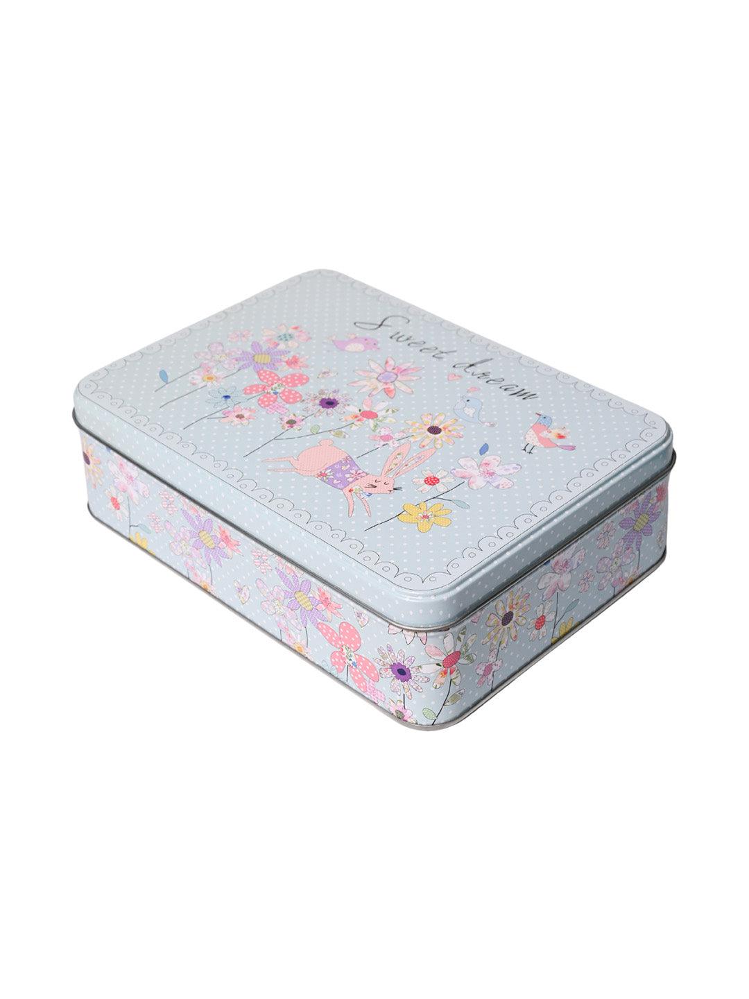 Floral Tin Storage Box Container - Set Of 6, Sky Blue - MARKET99