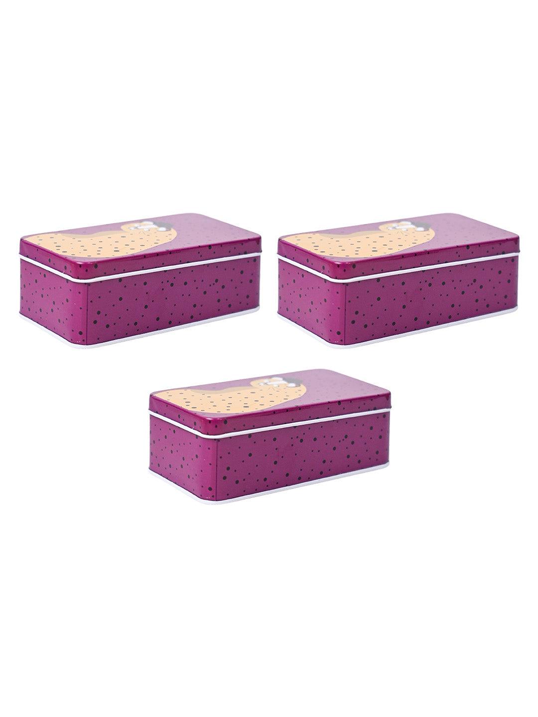 Animal Print Tin Storage Box Container - Set Of 3, Purple - MARKET99