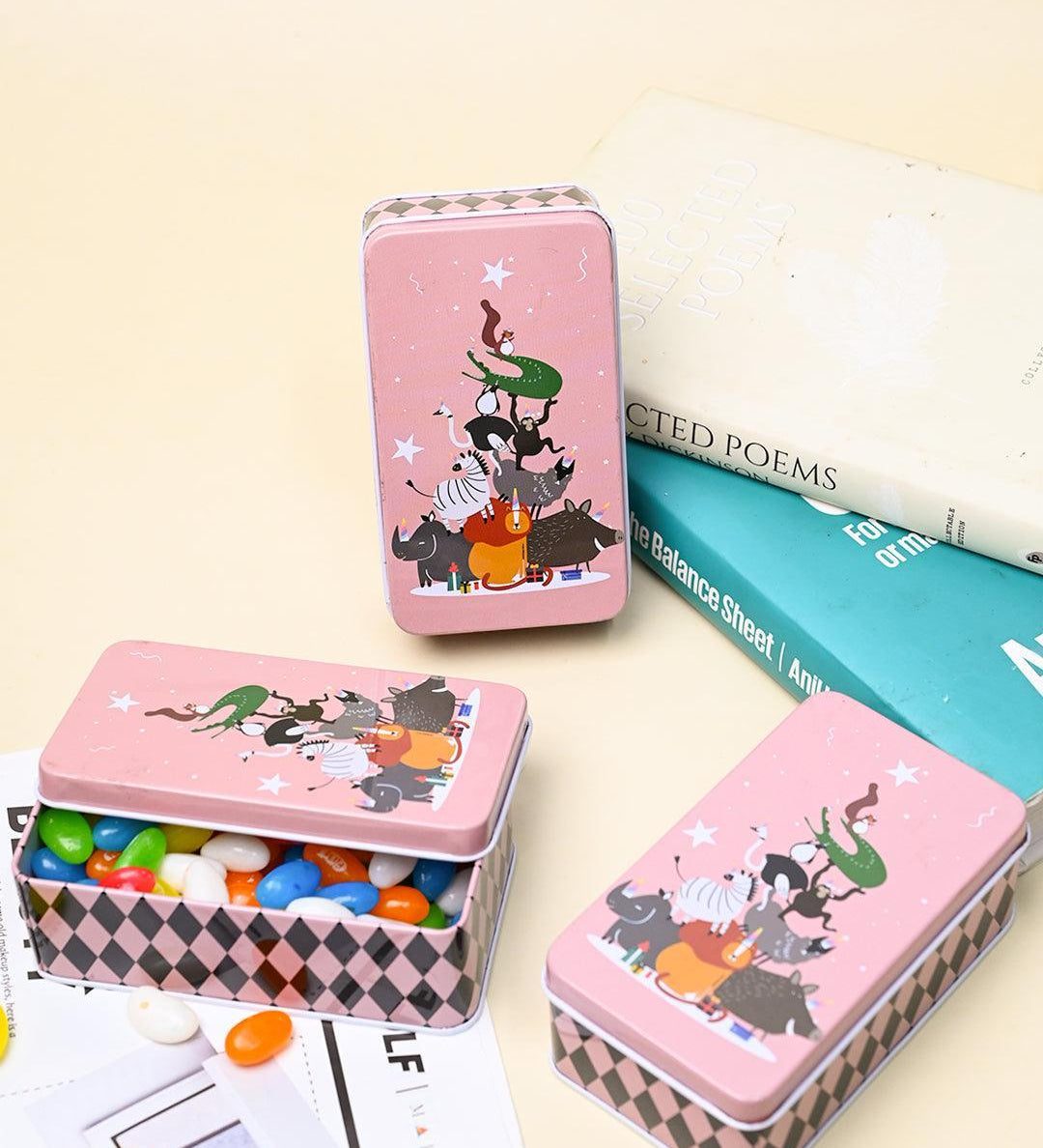 Animal Print Tin Storage Box - Set Of 3, Pink - MARKET99