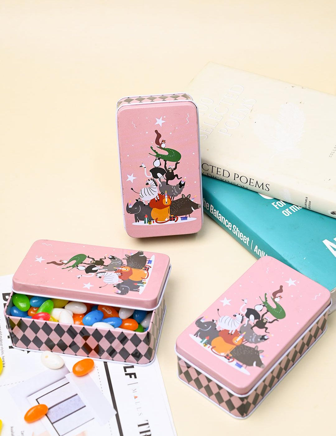 Animal Print Tin Storage Box - Set Of 3, Pink - MARKET99