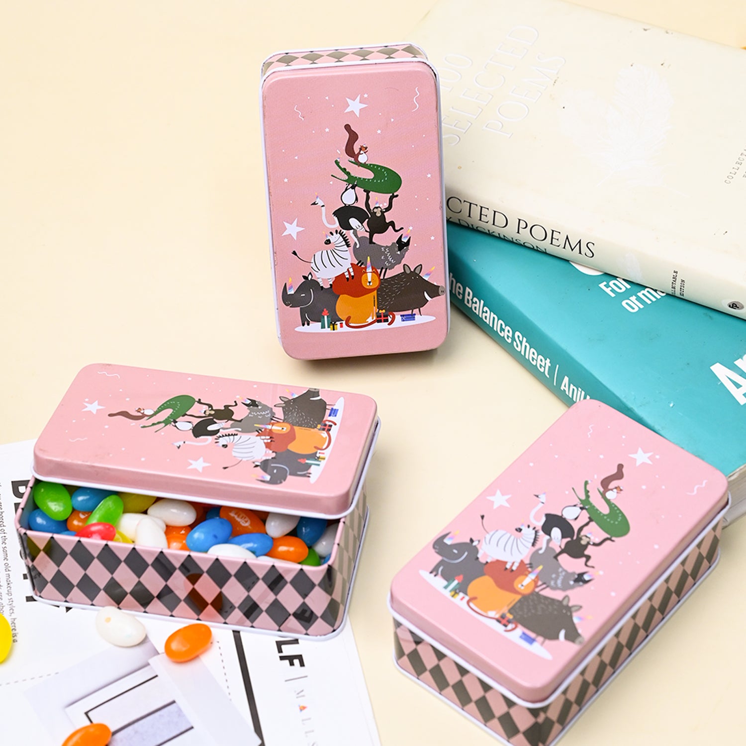 Animal Print Tin Storage Box - Set Of 3, Pink
