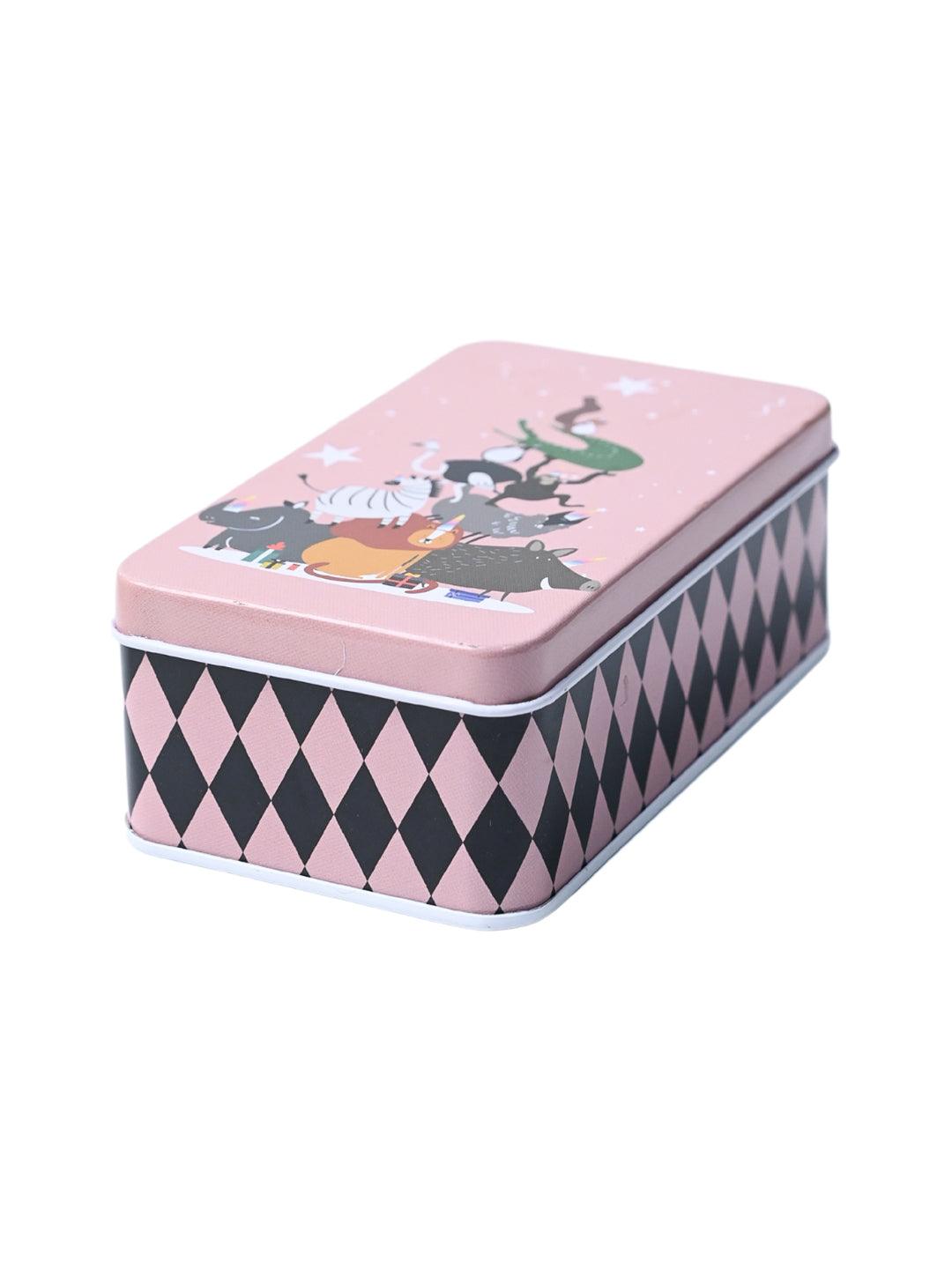 Animal Print Tin Storage Box - Set Of 3, Pink - MARKET99