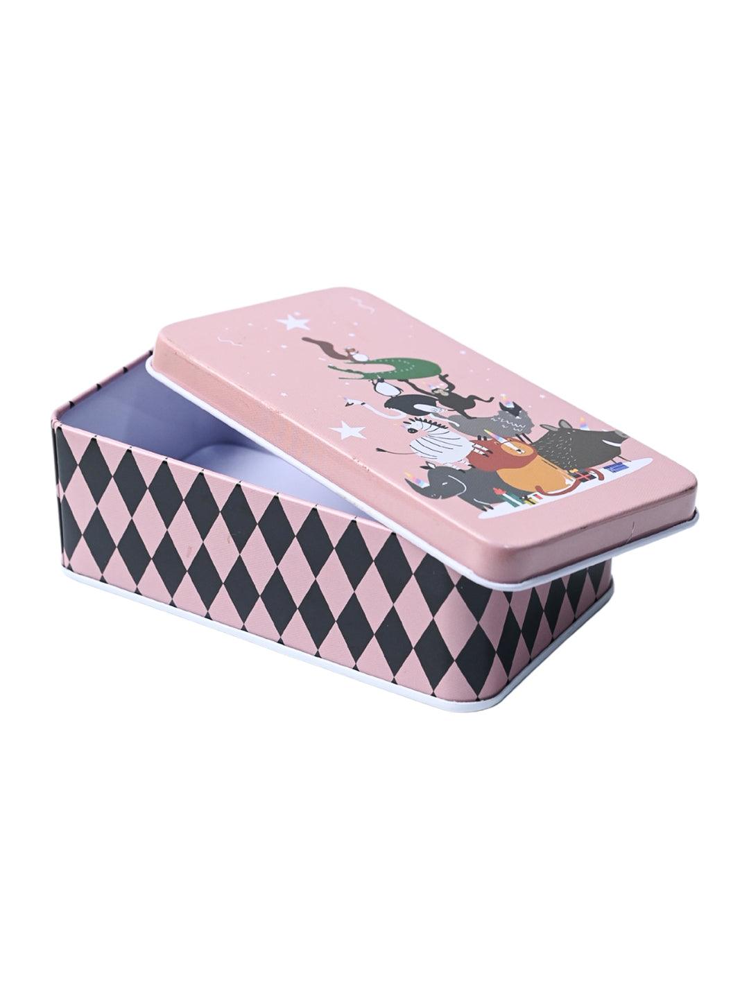 Animal Print Tin Storage Box - Set Of 3, Pink - MARKET99