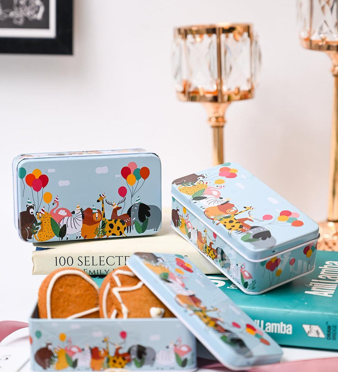 Mini Animal Print Tin Storage Box - Set Of 3, Sky Blue - MARKET99