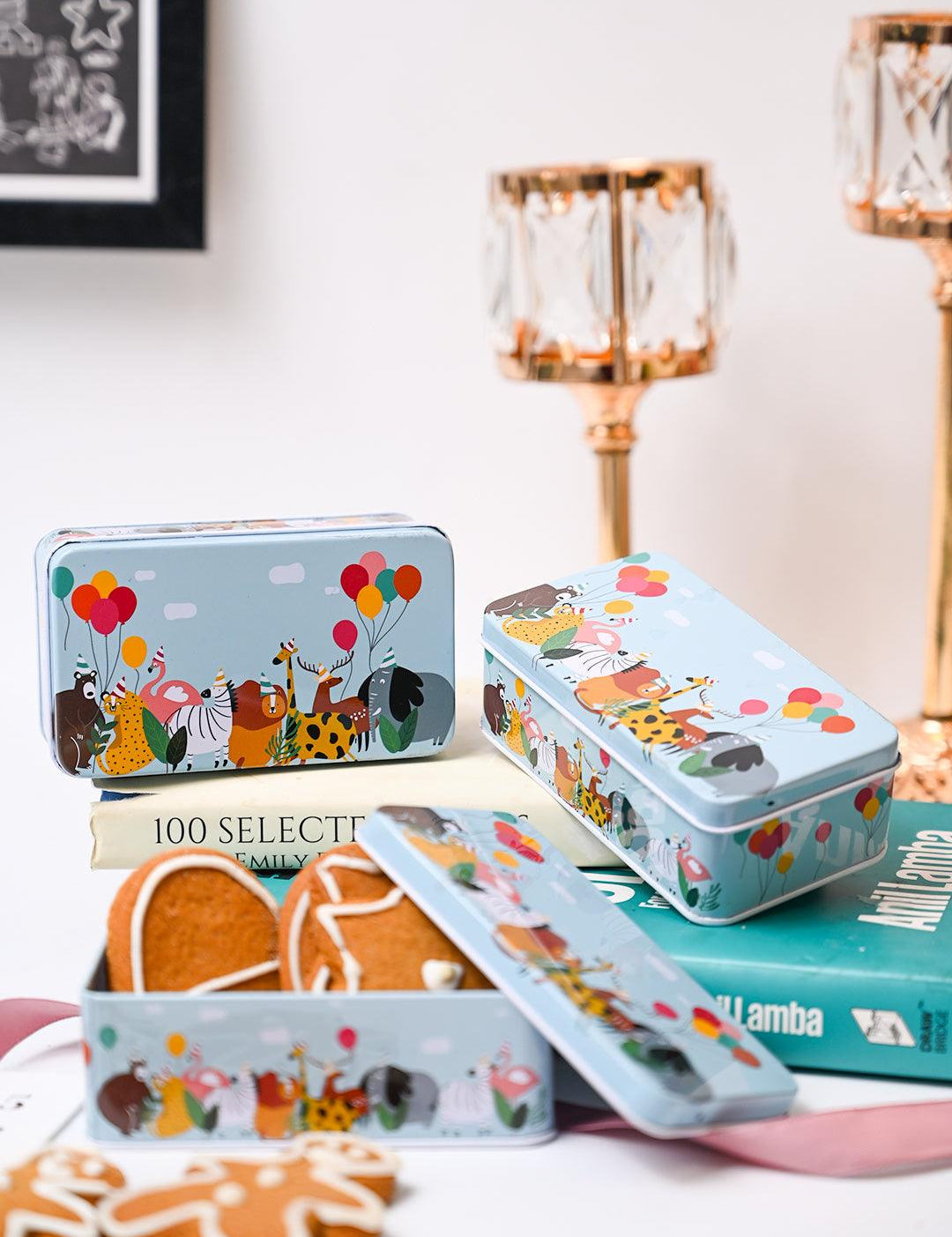 Mini Animal Print Tin Storage Box - Set Of 3, Sky Blue - MARKET99