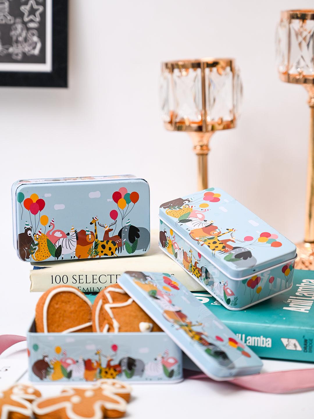 Mini Animal Print Tin Storage Box - Set Of 3, Sky Blue - MARKET99