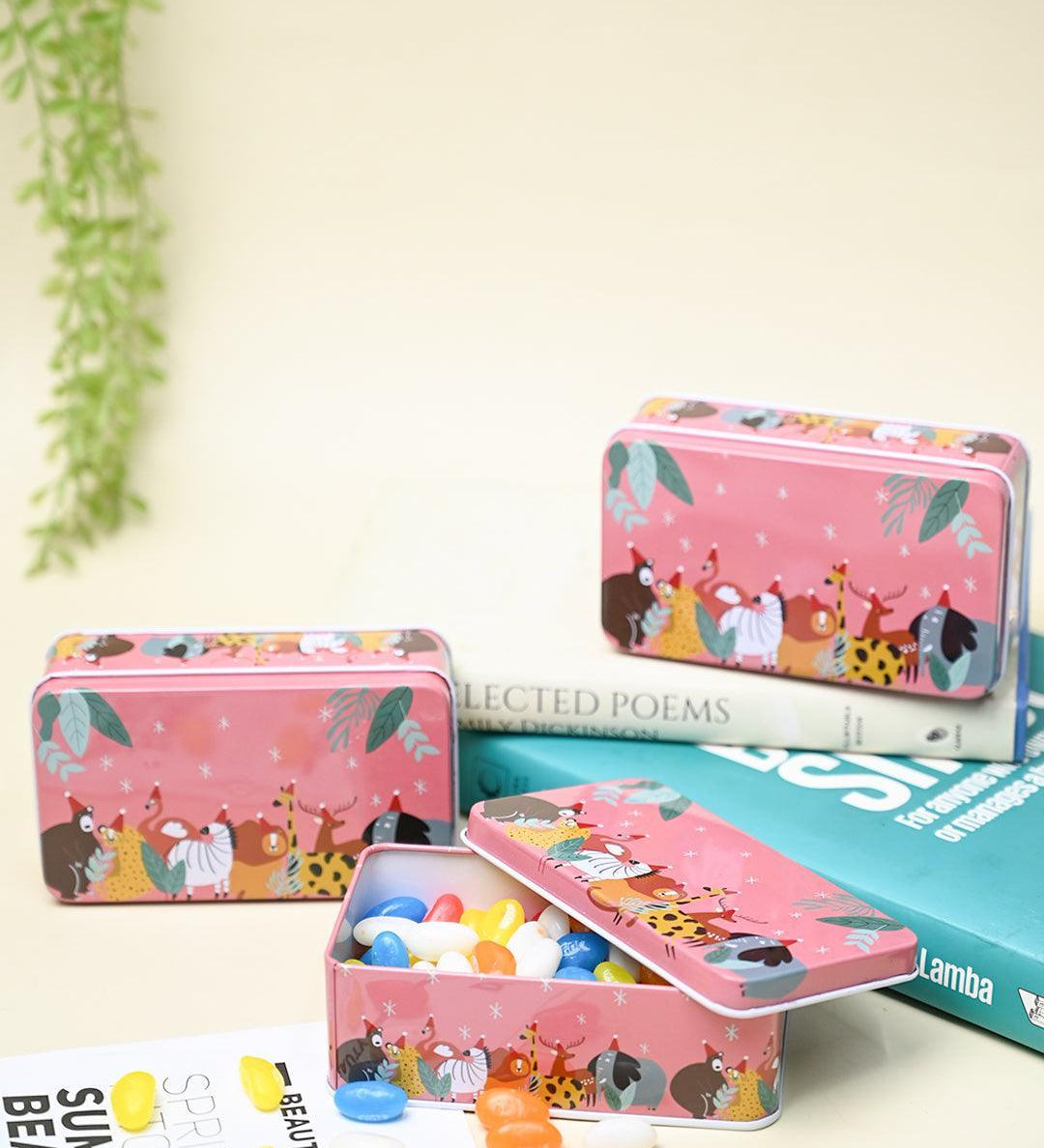 Mini Animal Print Tin Storage Box - Set Of 3, Pink - MARKET99