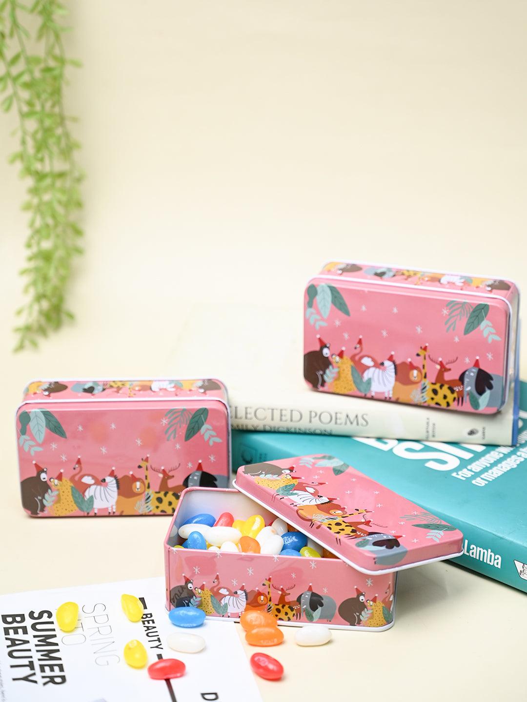 Mini Animal Print Tin Storage Box - Set Of 3, Pink - MARKET99
