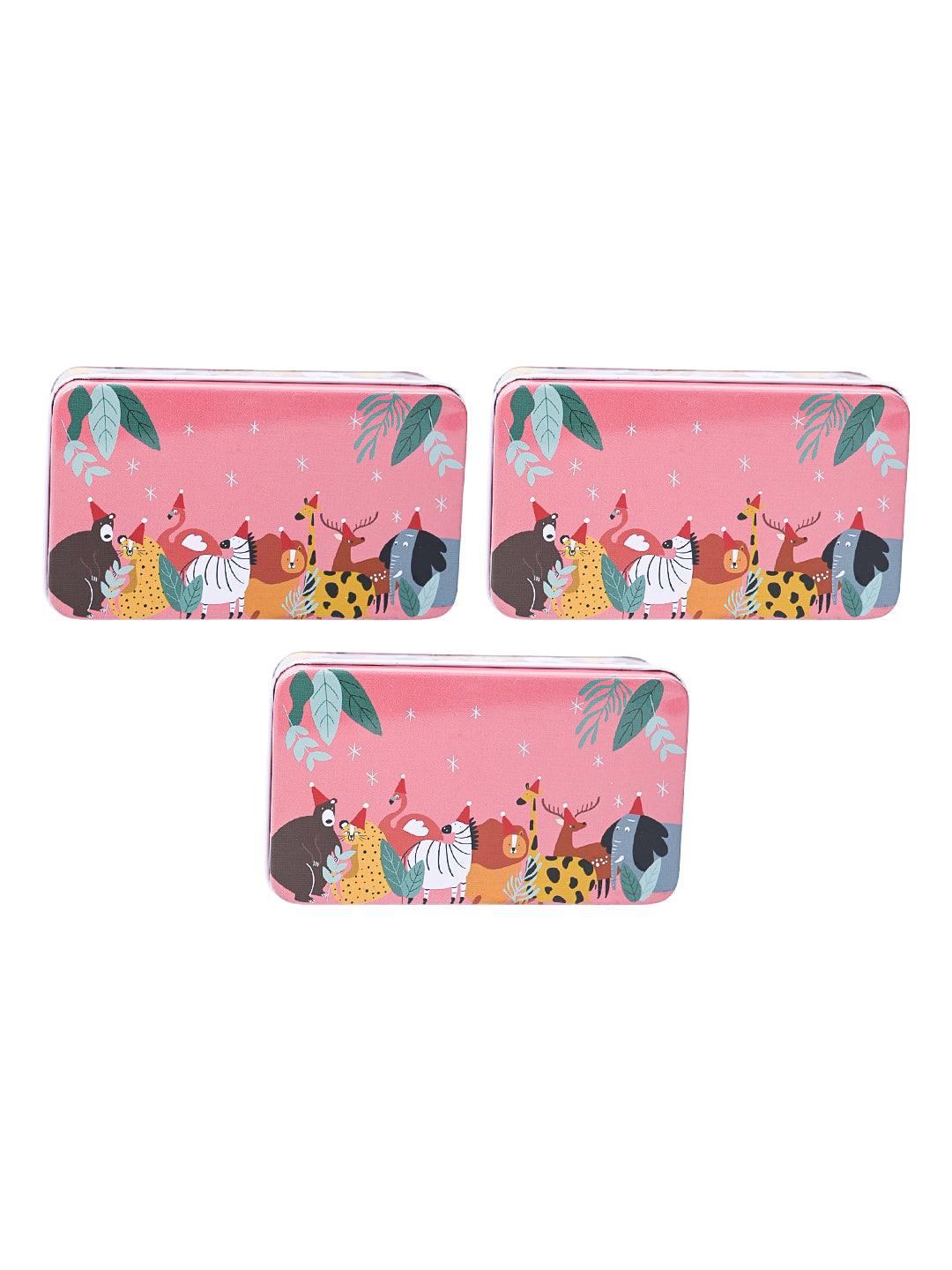 Mini Animal Print Tin Storage Box - Set Of 3, Pink - MARKET99