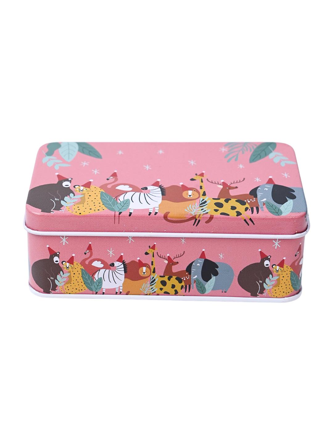 Mini Animal Print Tin Storage Box - Set Of 3, Pink - MARKET99