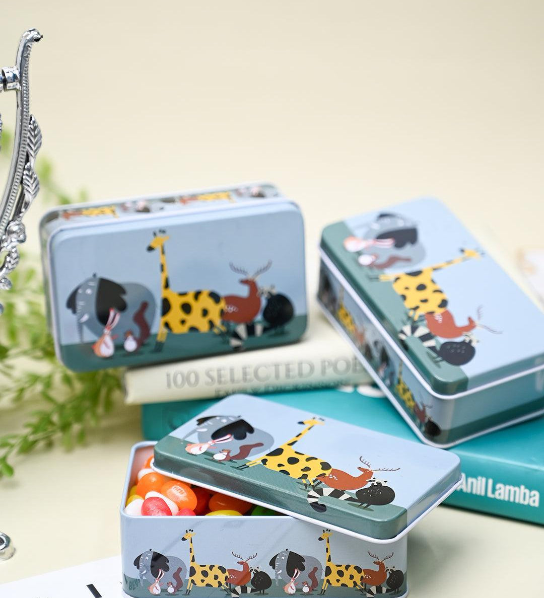 Mini Animal Print Tin Storage Box - Set Of 3, Blue - MARKET99