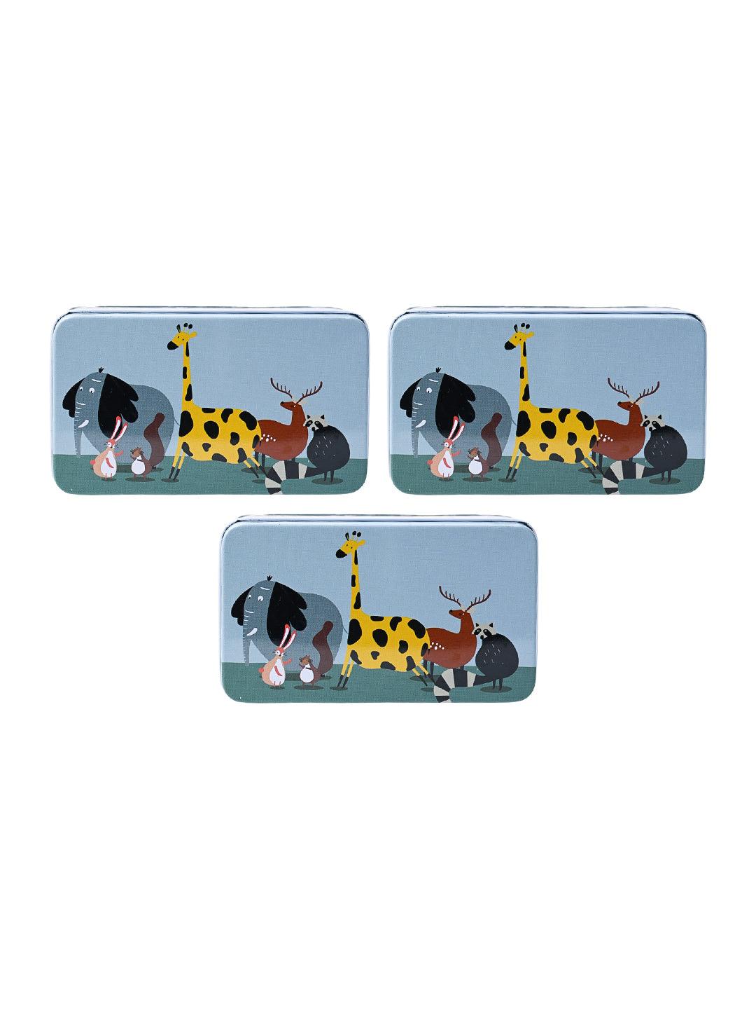 Mini Animal Print Tin Storage Box - Set Of 3, Blue - MARKET99