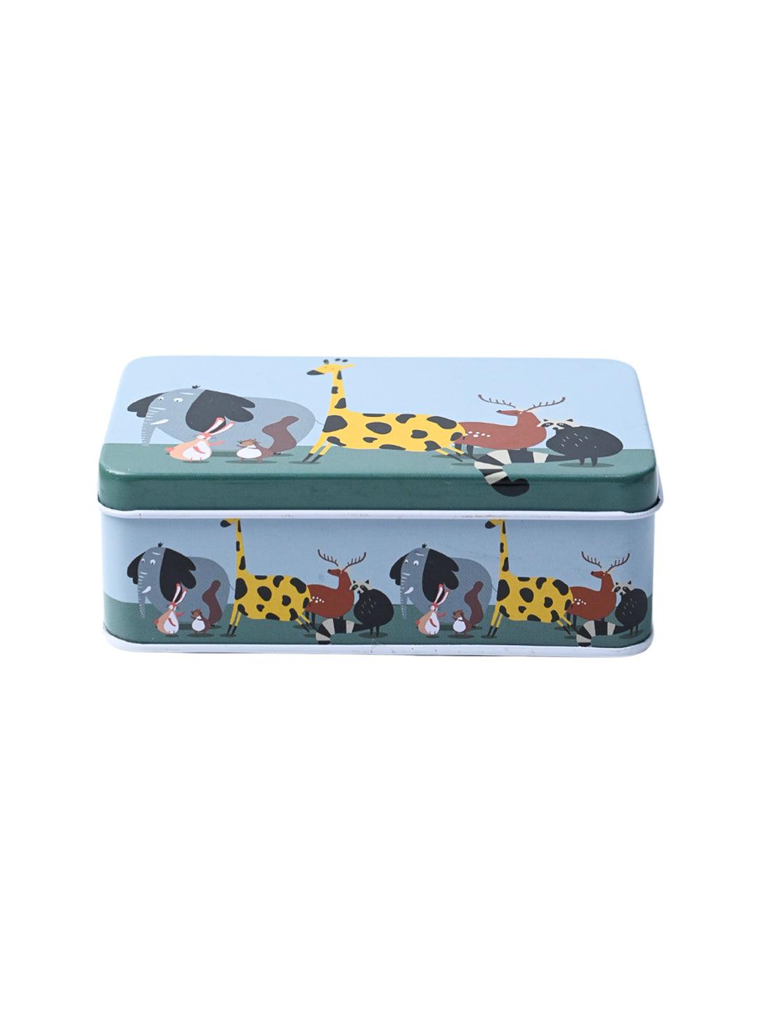 Mini Animal Print Tin Storage Box - Set Of 3, Blue - MARKET99