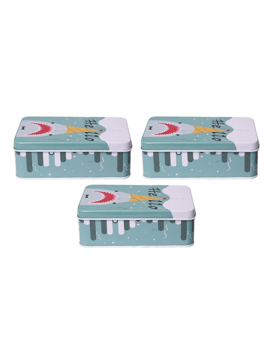 Animal Print Tin Storage Box - Set Of 3, Turquoise - MARKET99