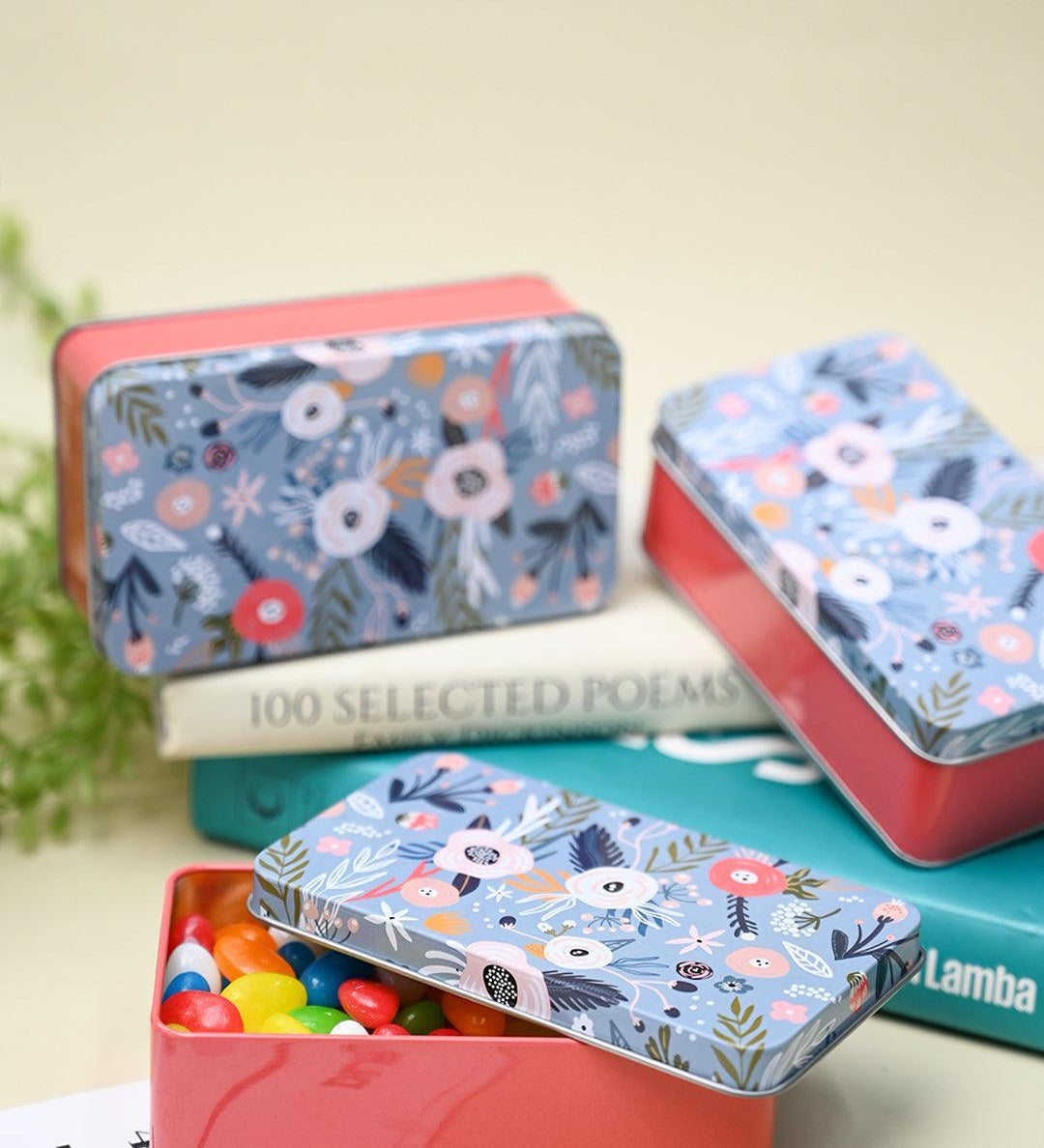 Mini Floral Tin Storage Box - Set Of 3, Blue - MARKET99