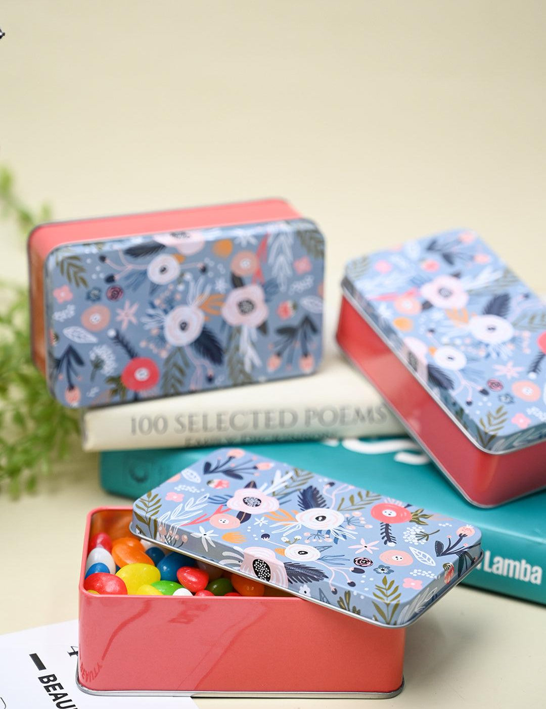 Mini Floral Tin Storage Box - Set Of 3, Blue - MARKET99