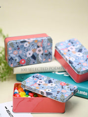 Mini Floral Tin Storage Box - Set Of 3, Blue - MARKET99