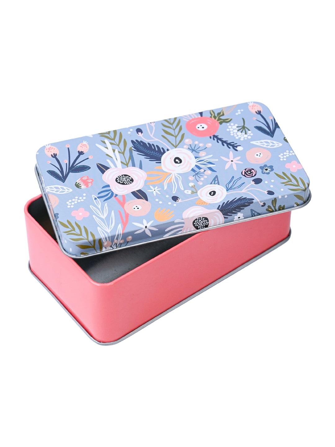 Mini Floral Tin Storage Box - Set Of 3, Blue - MARKET99