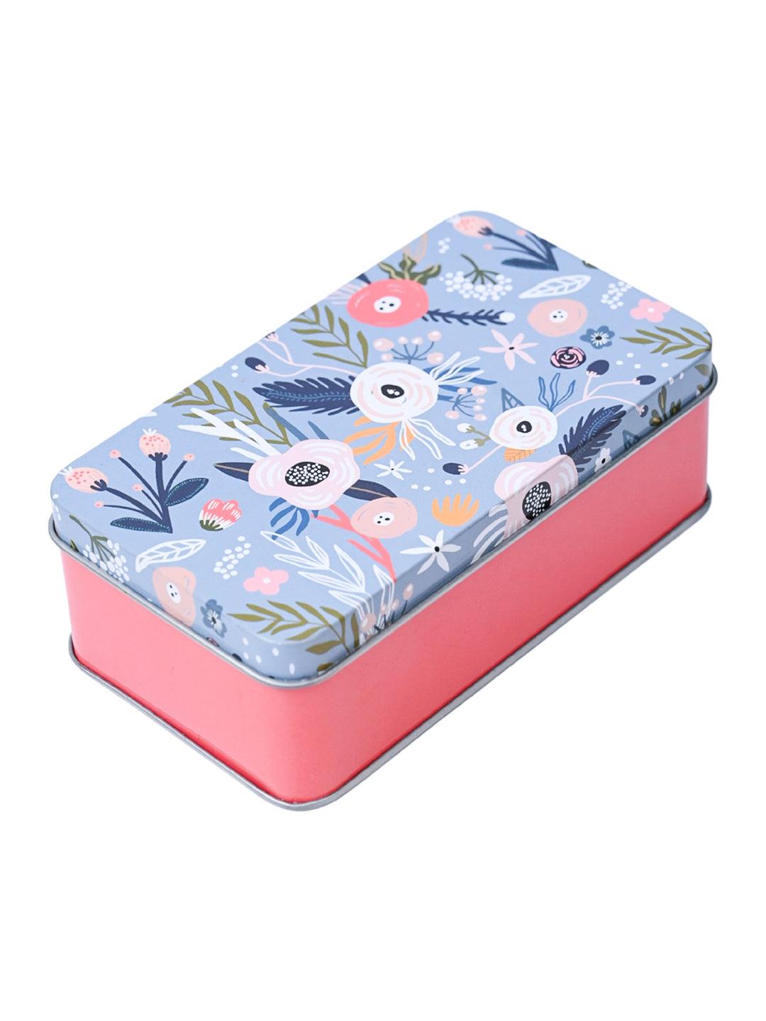 Mini Floral Tin Storage Box - Set Of 3, Blue - MARKET99