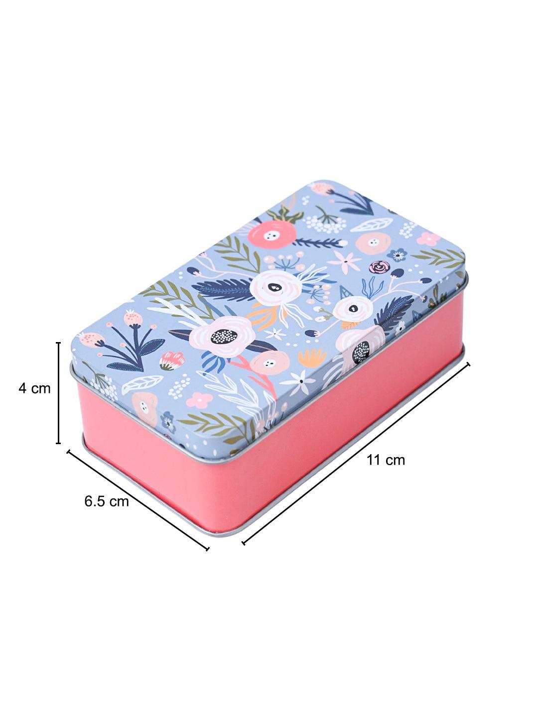 Mini Floral Tin Storage Box - Set Of 3, Blue - MARKET99