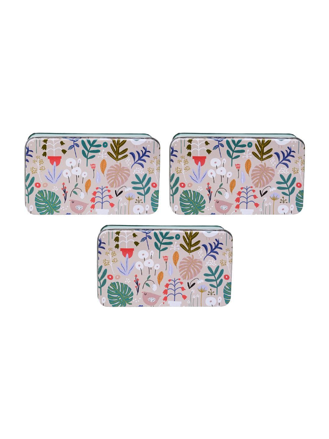 Floral Tin Storage Box - Set Of 3, Multicolor - MARKET99