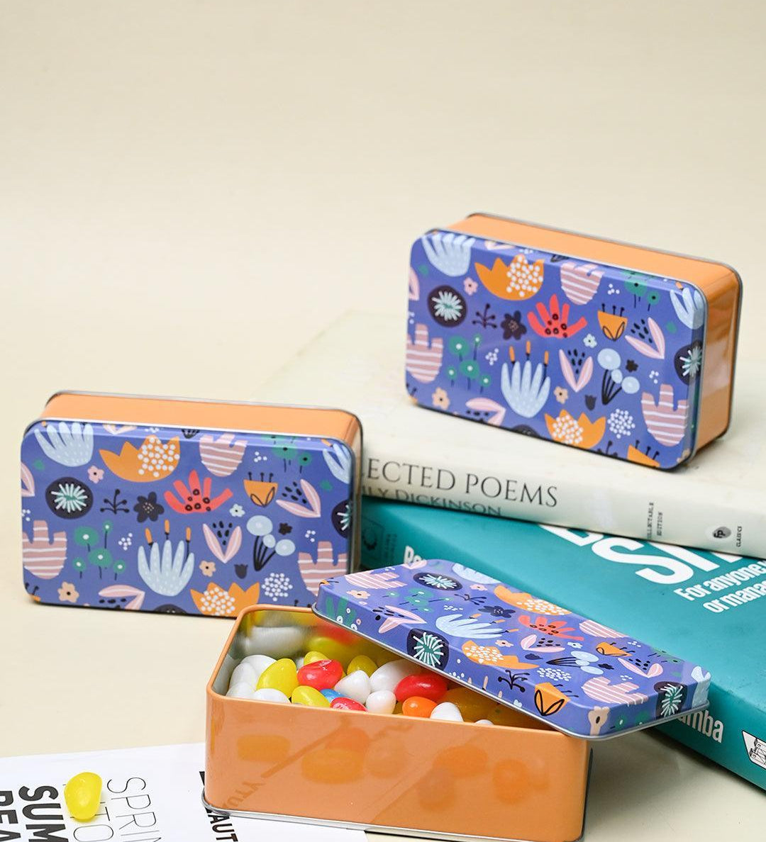 Mini Floral Tin Storage Box Of 3, Blue - MARKET99
