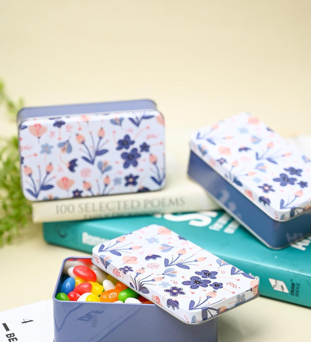 Mini Floral Tin Storage Box - Set Of 3, White - MARKET99
