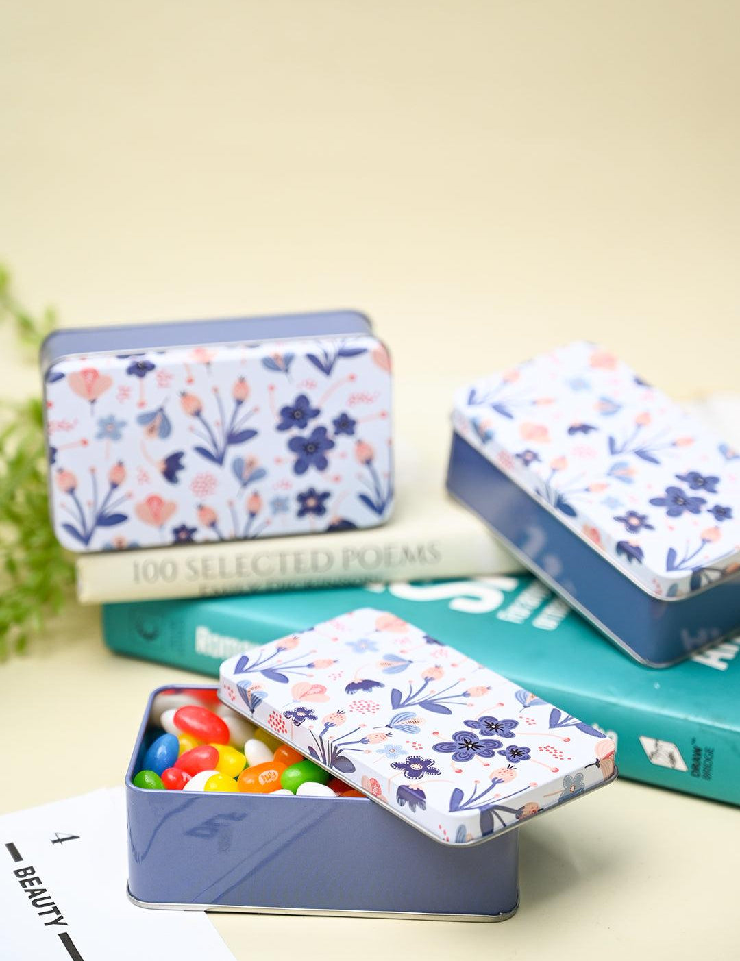 Mini Floral Tin Storage Box - Set Of 3, White - MARKET99