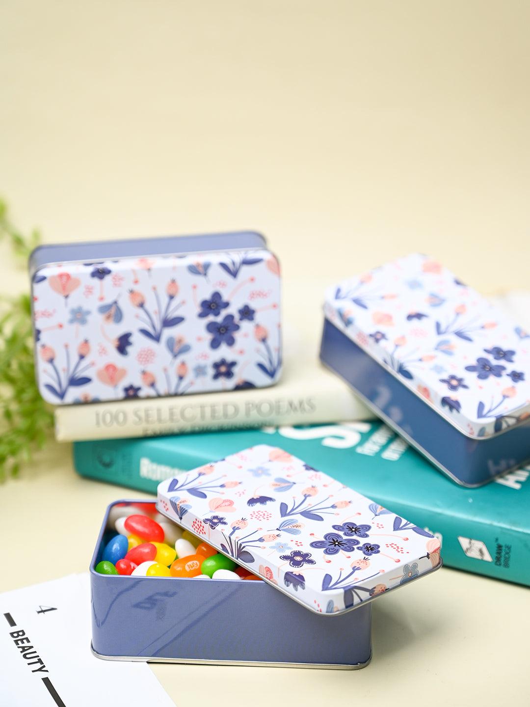 Mini Floral Tin Storage Box - Set Of 3, White - MARKET99