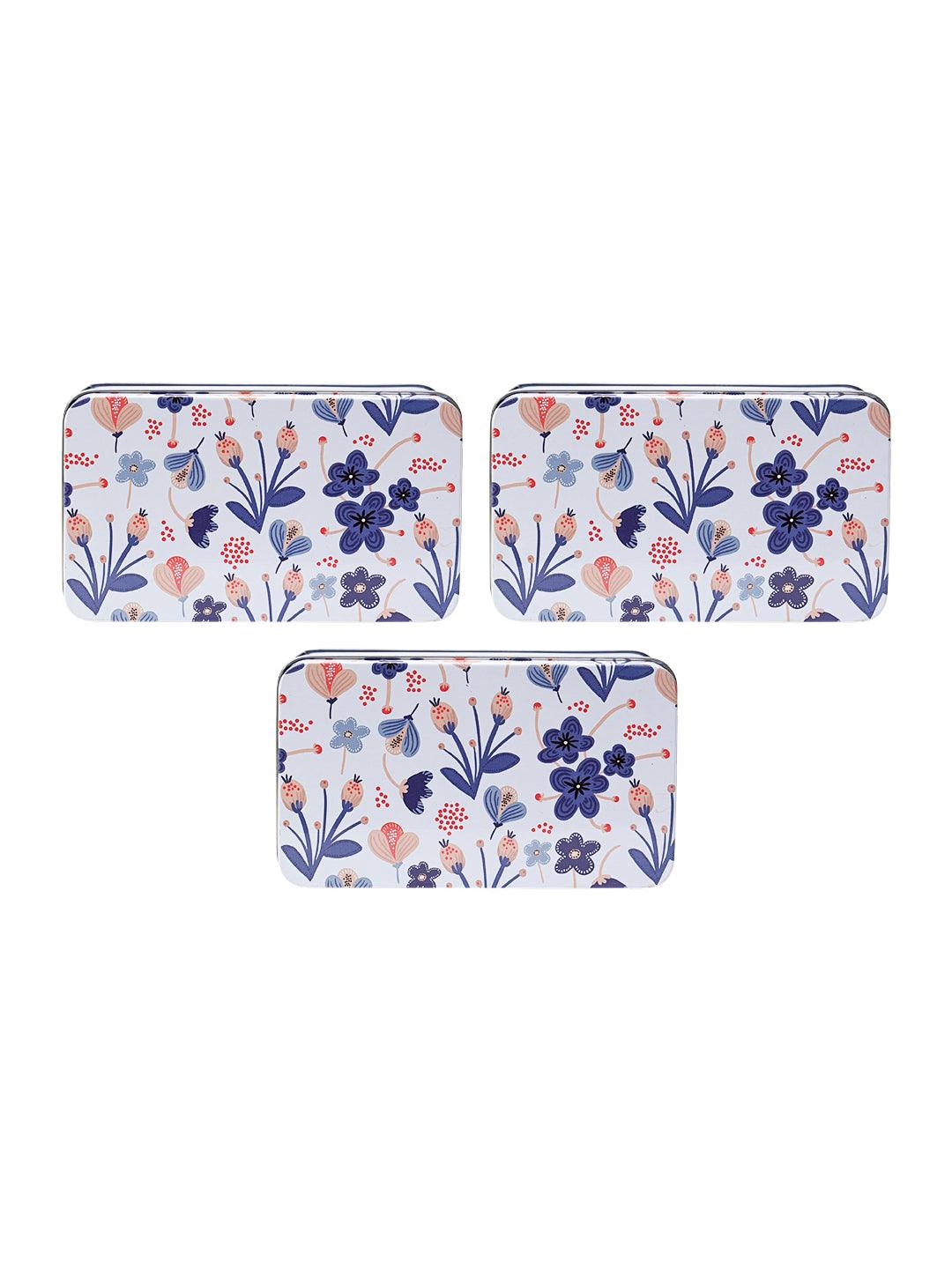 Mini Floral Tin Storage Box - Set Of 3, White - MARKET99