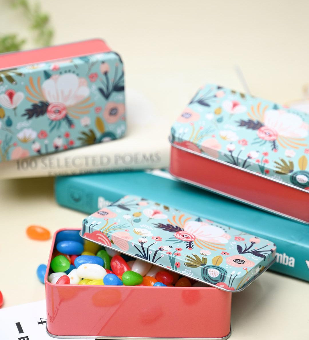 Floral Tin Storage Box - Set Of 3, Cyan - MARKET99