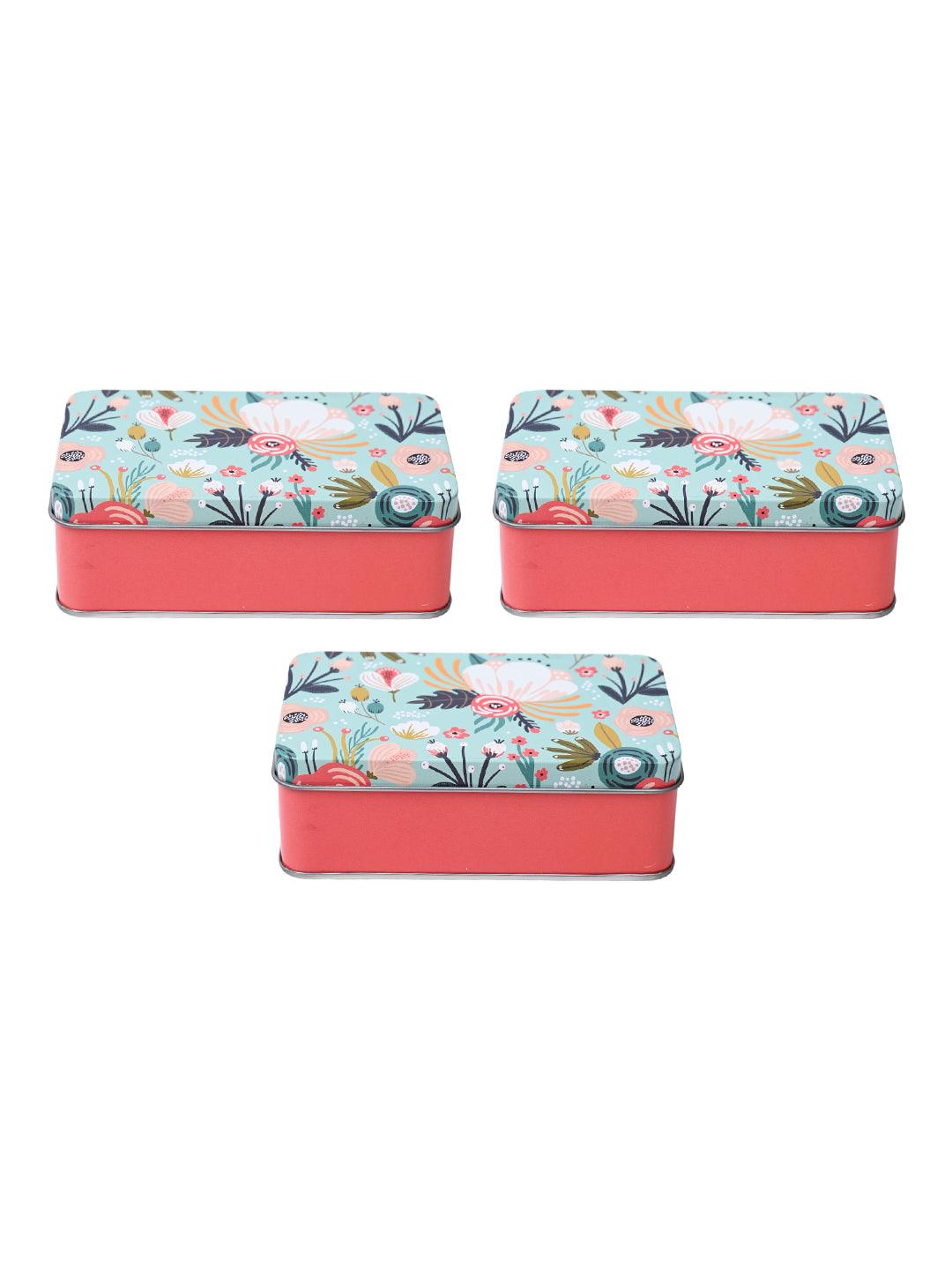 Floral Tin Storage Box - Set Of 3, Cyan - MARKET99