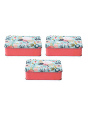 Floral Tin Storage Box - Set Of 3, Cyan - MARKET99