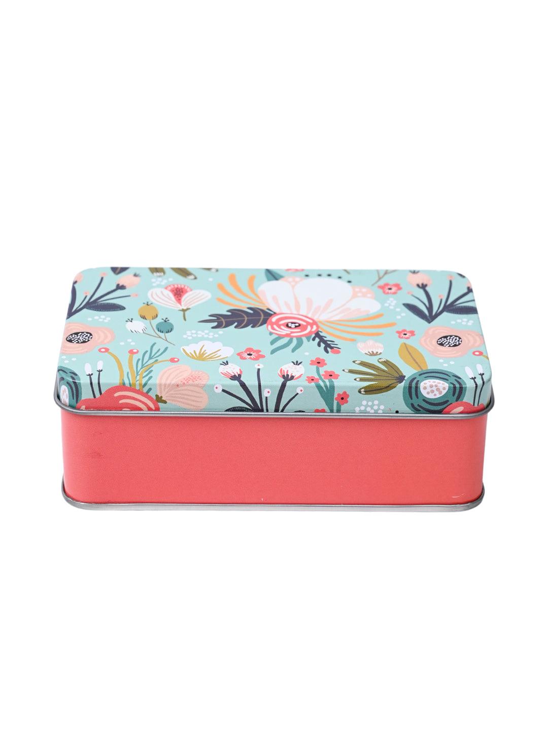 Floral Tin Storage Box - Set Of 3, Cyan - MARKET99