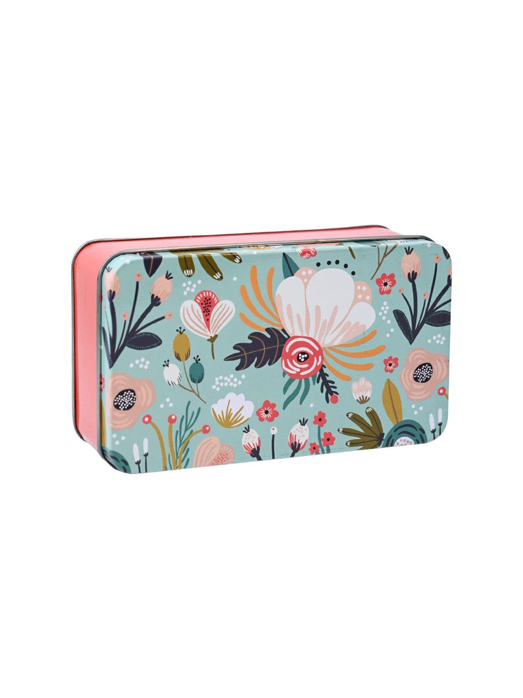 Floral Tin Storage Box - Set Of 3, Cyan - MARKET99