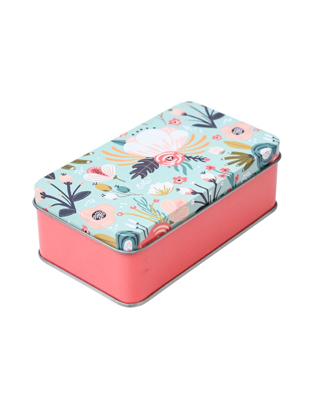 Floral Tin Storage Box - Set Of 3, Cyan - MARKET99