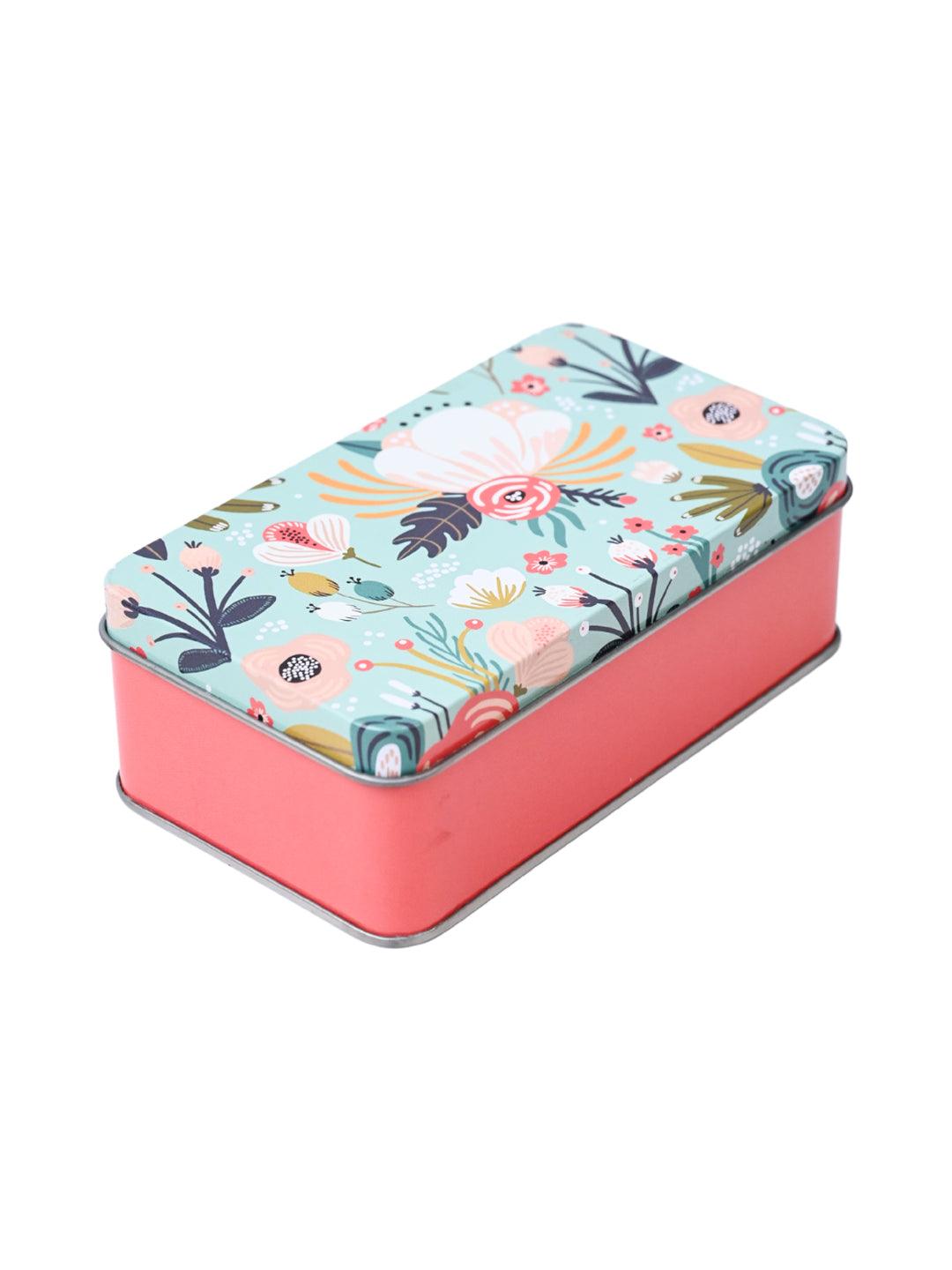 Floral Tin Storage Box - Set Of 3, Cyan - MARKET99