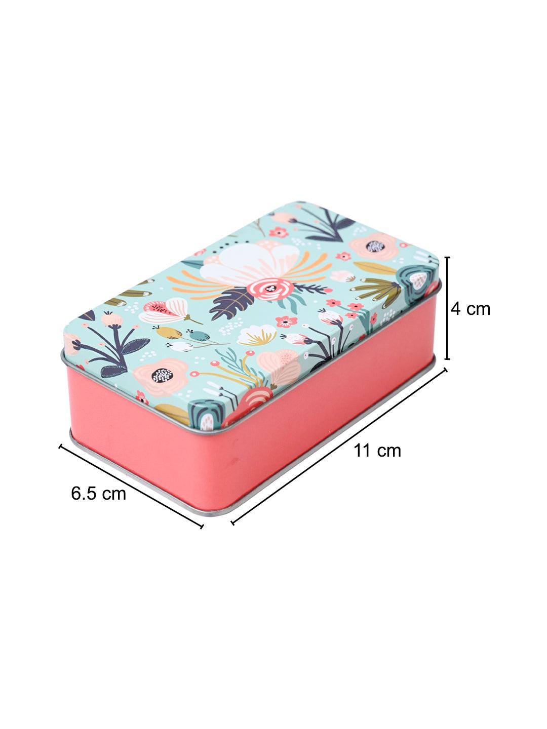 Floral Tin Storage Box - Set Of 3, Cyan - MARKET99
