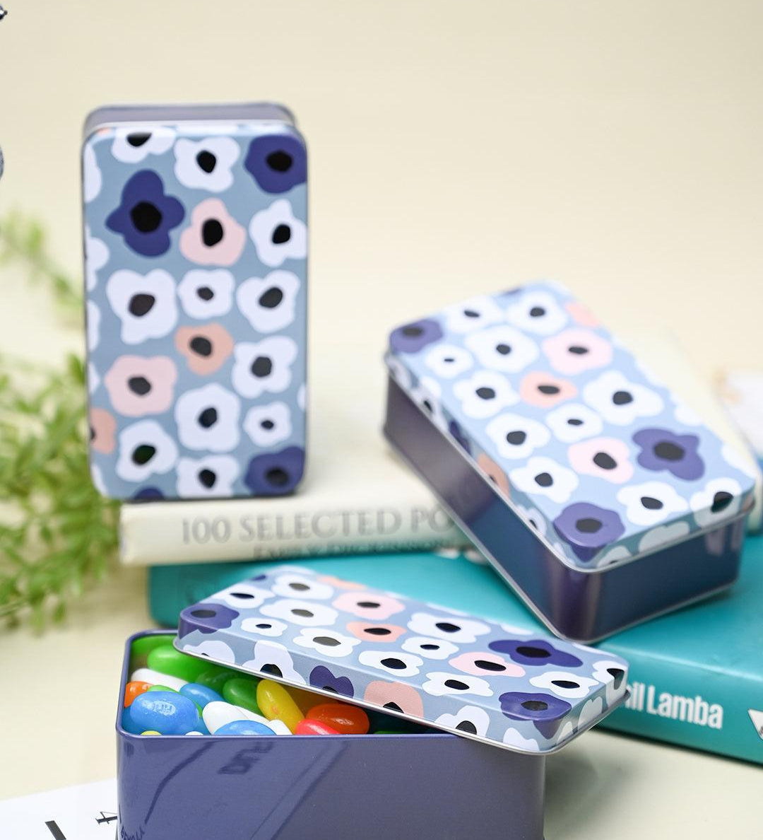 Floral Tin Storage Box - Set Of 3, Grey - MARKET99