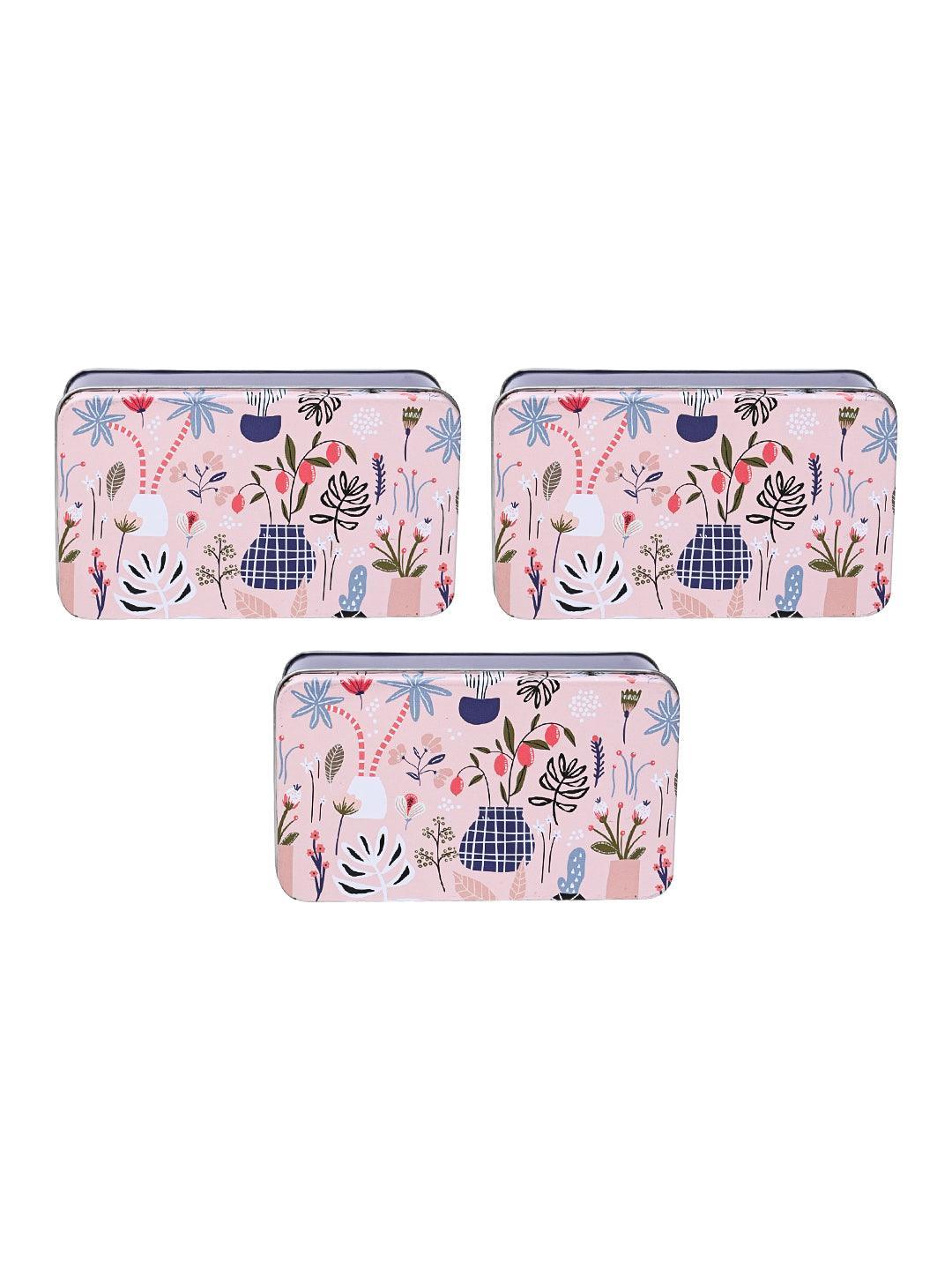 Floral Tin Storage Box - Set Of 3, Multi Color - MARKET99