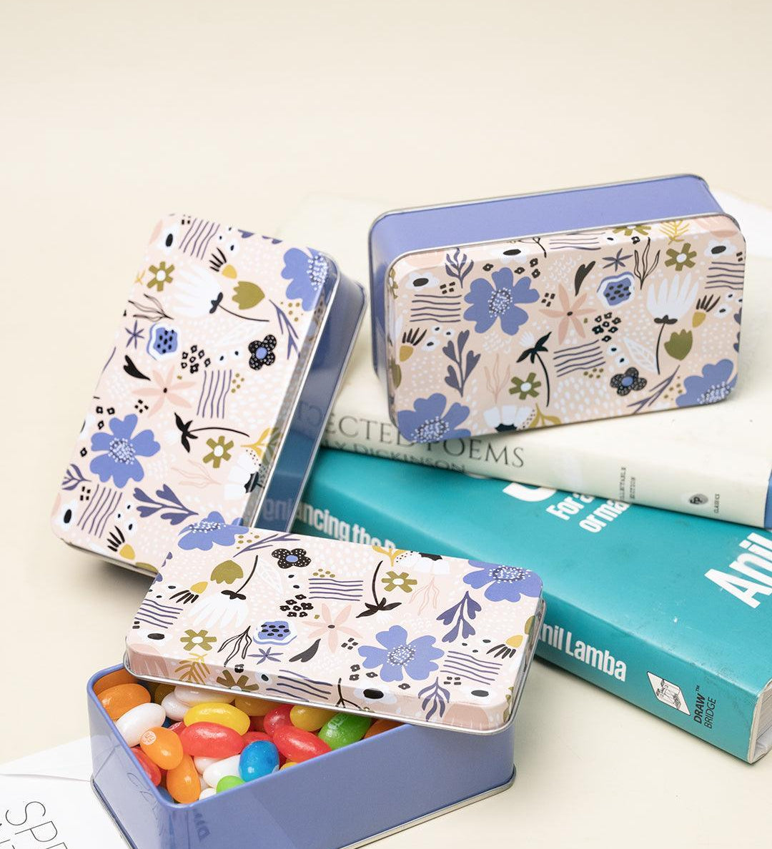 Floral Tin Storage Box - Set Of 3, Blue - MARKET99