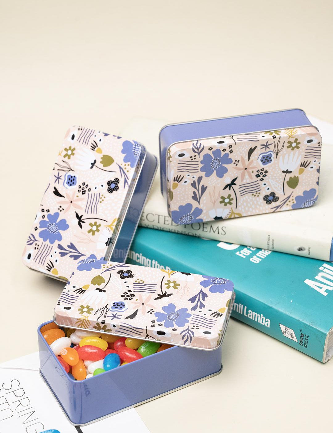 Floral Tin Storage Box - Set Of 3, Blue - MARKET99