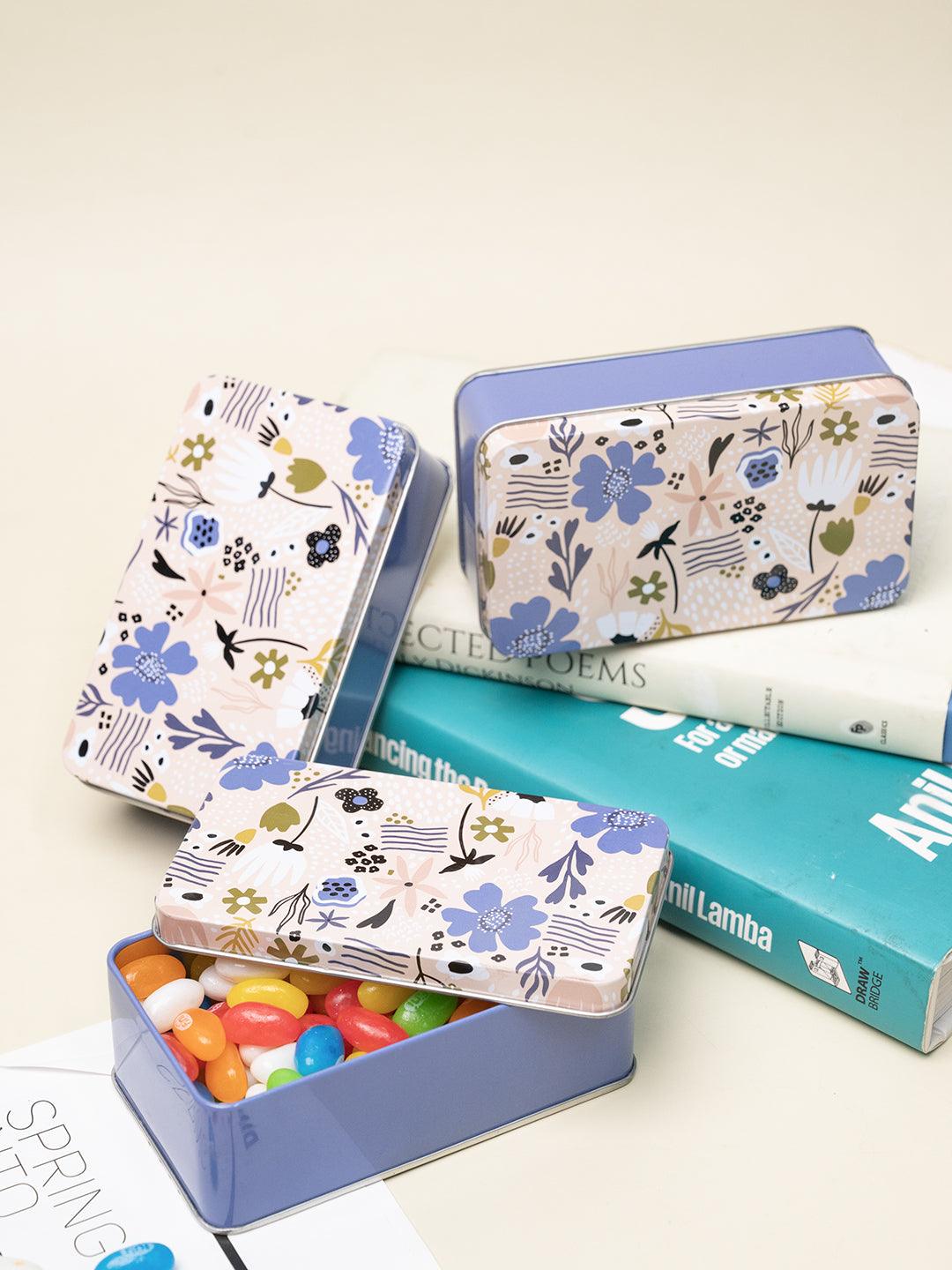 Floral Tin Storage Box - Set Of 3, Blue - MARKET99