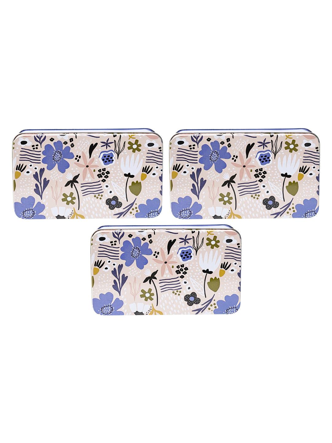 Floral Tin Storage Box - Set Of 3, Blue - MARKET99